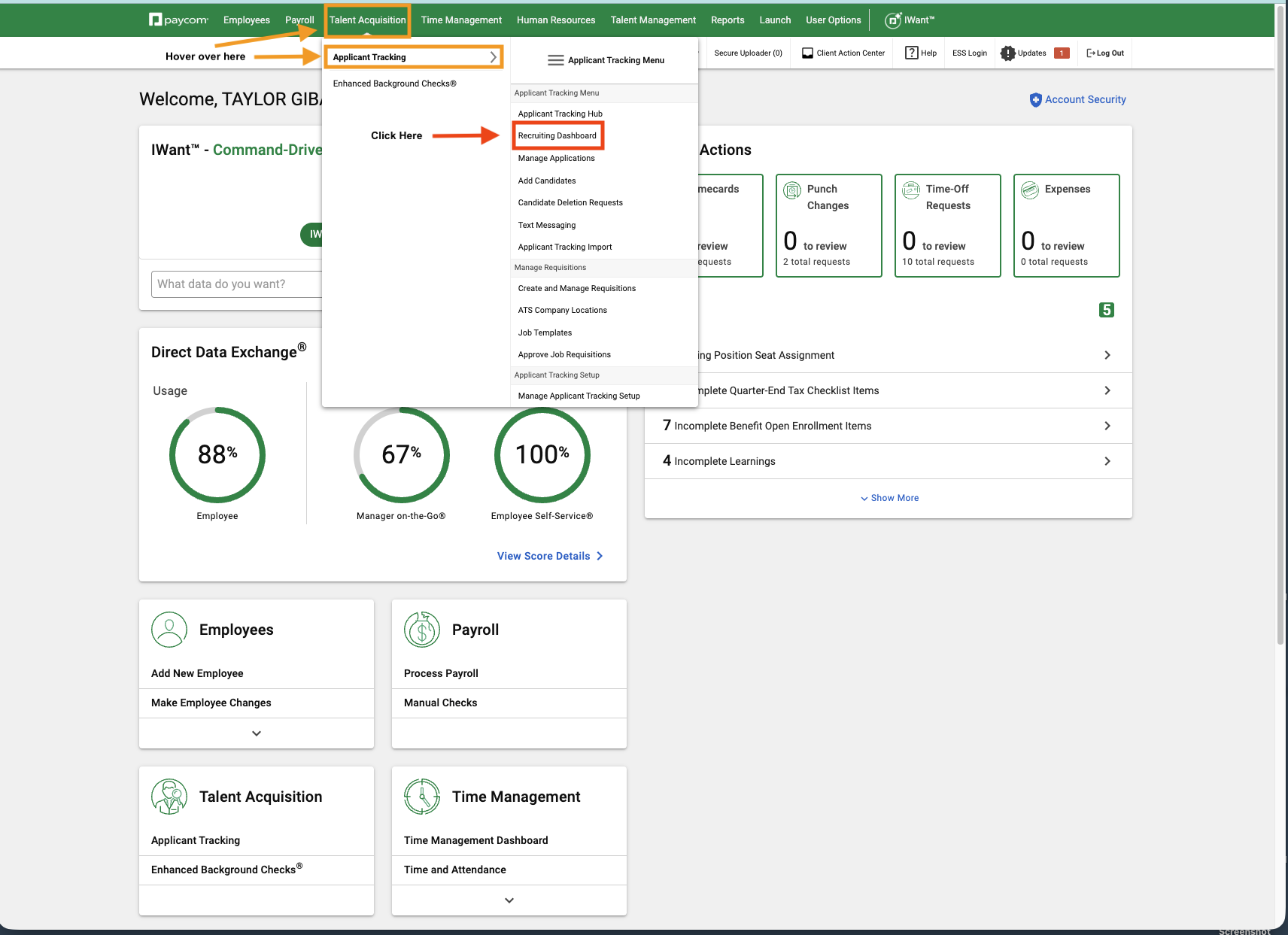 a screenshot of how to get to the Paycom recruiting dashboard